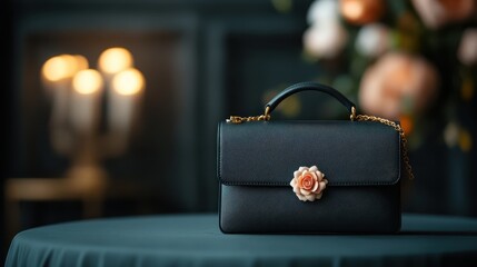 A stylish black handbag featuring a delicate floral embellishment, showcases luxury and sophistication in fashion accessories for discerning consumers.