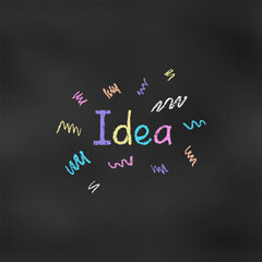 Cute Design Colorful Composition of Word "Idea" Isolated on Chalkboard Backdrop. Children's Chalk Drawn Sketch.