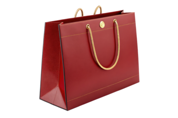 A glossy red shopping bag with golden chain handles on a black background in studio lighting