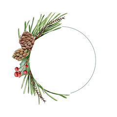 Watercolor frame isolated on white background. Hand drawn fir branches, holly, cones, twigs with red berries. Design for postcards, invitations, gifts.