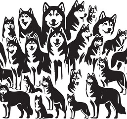Siberian Husky Dog Vector Illustration in Black and White 