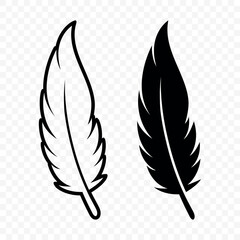 Vector Black and White Fluffy Feather Logo Icons. Silhouette Feather Set Closeup Isolated. Design Template of Flamingo, Angel, Bird Feather. Lightness and Freedom Concept
