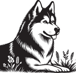 Siberian Husky Dog Vector Illustration in Black and White 