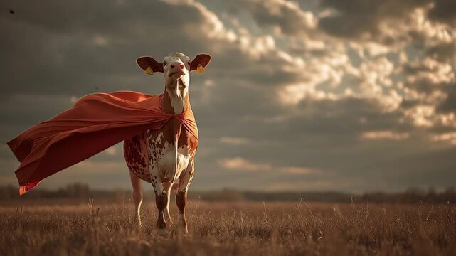 Cow superhero: Amidst a sunlit pasture, a strong cow with striking spots dons a cape and stands boldly.