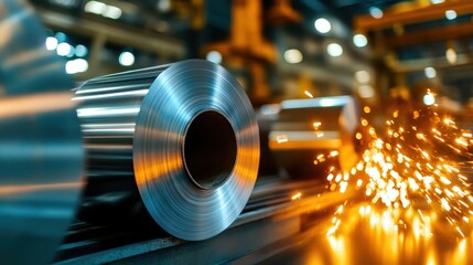 Close-up of metal processing with sparks flying, capturing the essence of industrial work and the dynamic energy of manufacturing in a factory environment.