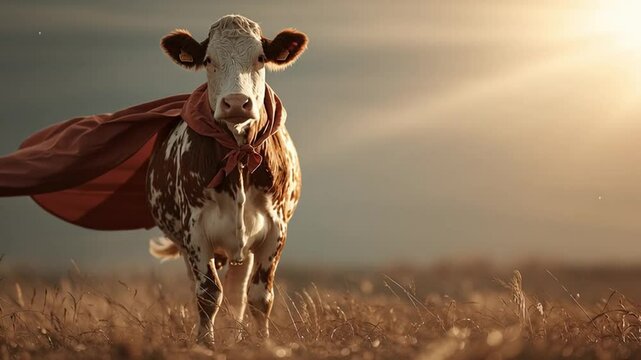Superhero Cow: Witness the extraordinary sight of a majestic cow, adorned with a vibrant red cape, standing boldly in a sun-drenched field, embodying strength and courage.