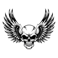 Winged Skull Tattoo Vector Design – Gothic Black and White Flying Death Head Art | Bold Skeleton Emblem for Apparel, Stickers, Posters, Rock, and Biker Logos