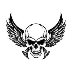 Fototapeta premium Winged Skull Tattoo Vector Design – Gothic Black and White Flying Death Head Art | Bold Skeleton Emblem for Apparel, Stickers, Posters, Rock, and Biker Logos