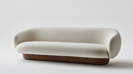 Modern minimalist sofa design in neutral tones displaying elegant curve and natural wood base