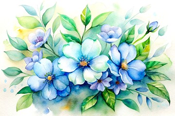 Fototapeta premium Watercolor illustration of blue flowers and green leaves elegant floral design