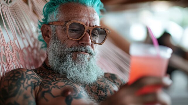 An artistic portrayal of a fashionable senior man enjoying a refreshing drink, showcasing his tattoos, glasses, and vibrant hair against a serene beach backdrop.