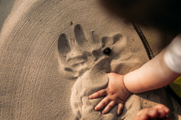A close view of a young girl drawing in the sand with a stick during golden hour, capturing childhood creativity and nature