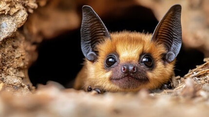 Fototapeta premium A cute baby bat peeking out of its natural home, showcasing its large ears and bright eyes, embodying innocence and the marvel of wildlife in a playful manner, evoking curiosity.