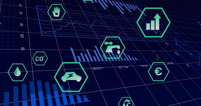 Camera panning left revealing CO?, EV, water hexagons animating donut and euro visualizing metrics