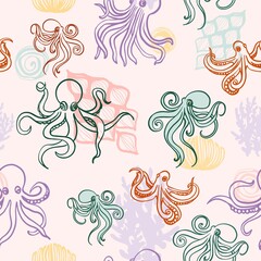 Fototapeta premium Summer vibe, underwater world. Seamless pattern in flat cartoon style for branding, advertising, printing. Life of the sea, ocean in bright sunny colors.