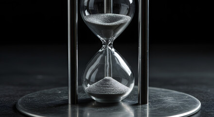 Glass hourglass on dark background showing flowing sand  
