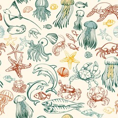 Summer vibe, underwater world. Seamless pattern in flat cartoon style for branding, advertising, printing. Life of the sea, ocean in bright sunny colors.