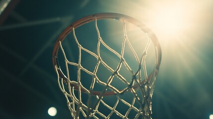Close up of a basketball hoop on a professional court with spotlights shining down and capturing...