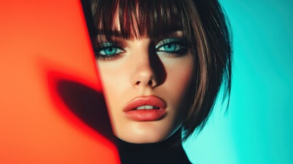 This captivating portrait showcases a model with stunning blue eyes and a striking bob haircut, highlighted by vibrant lighting that creates an engaging visual impact.