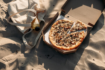 Open pizza box beside lemonade bottle tucked in an eco cotton tote on golden beach sand. Quiet and...