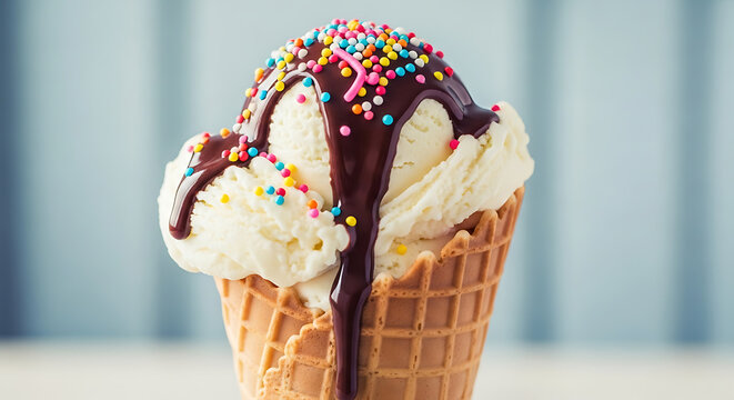 Vanilla Gelato with Chocolate Sauce and Sprinkles in Waffle Cone