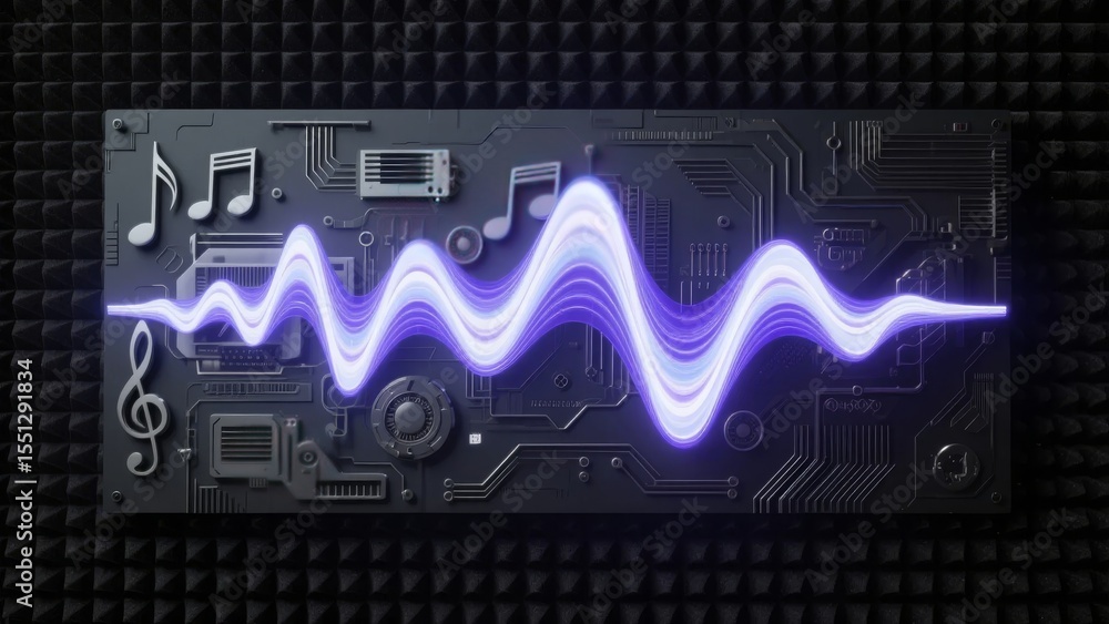 Poster digital audio waveform on circuit board background