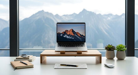 Wooden Monitor Riser with Desk Essentials and Mountain View Background