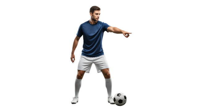 Man Playing Soccer Pointing Away in Sportswear on White