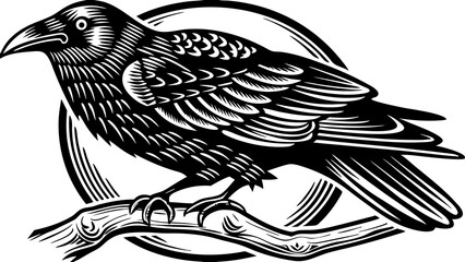Illustration of a raven perched on a branch with a circular background in black and white style