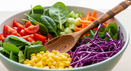 A colorful salad bowl with fresh vegetables and wooden
spoon