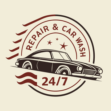 Vintage automotive repair and car wash service logo design with 24/7 availability