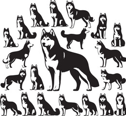 Siberian Husky Dog Vector Illustration in Black and White 