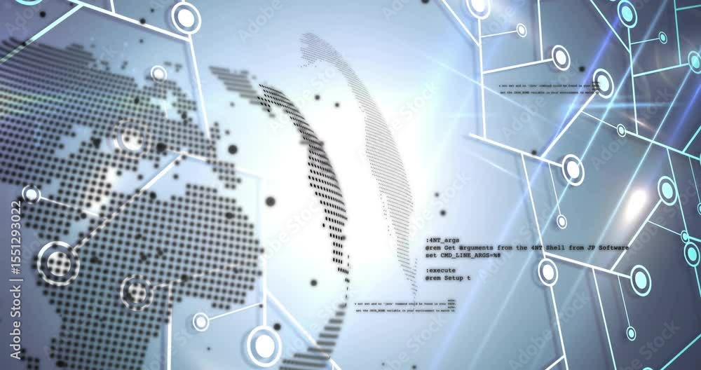 Poster on opening dotted globe rotating left with glowing nodes forming and code drifting visualizing data