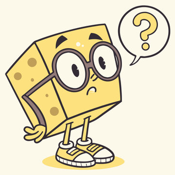 Puzzled cheese character ponders, expressing query with a speech bubble icon