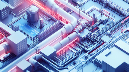 Fototapeta premium A futuristic cityscape with a lot of pipes and wires. The pipes are red and the wires are white. The city is very advanced and has a lot of technology