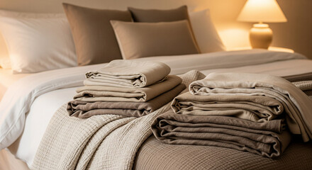 A cozy bed scene with folded linen blankets