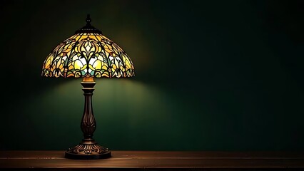 Classic stained glass table lamp glowing on green background. Perfect for vintage interior themes, antique product showcases, or retro home decor design content