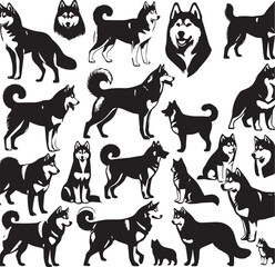 Siberian Husky Dog Vector Illustration in Black and White 