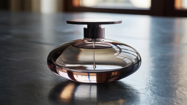 Elegant glass perfume bottle on a reflective surface in sunlight - Powered by Adobe