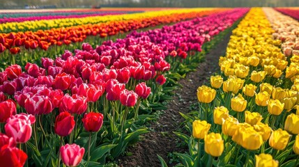 Vibrant tulip fields in full bloom during spring festival celebrations in a rural area