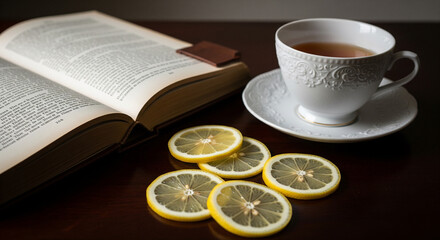 Tea cup, book, and lemon slices on a table