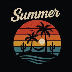 Retro Summer Illustration with Palm Trees, Hammock, Sunset, and Cacti