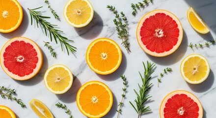 A flat lay of citrus slices and herbs on marble