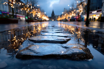 Obraz premium Reflections of festive lights on wet cobblestones in a vibrant urban setting