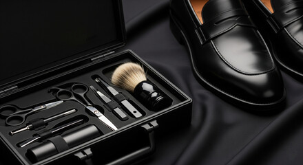 Black grooming kit and loafers on dark fabric