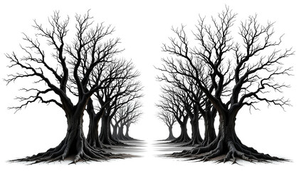 Set of Old Bare Dead Trees Without Leaves on Transparent Background – Plant Life and Nature Decay Concept