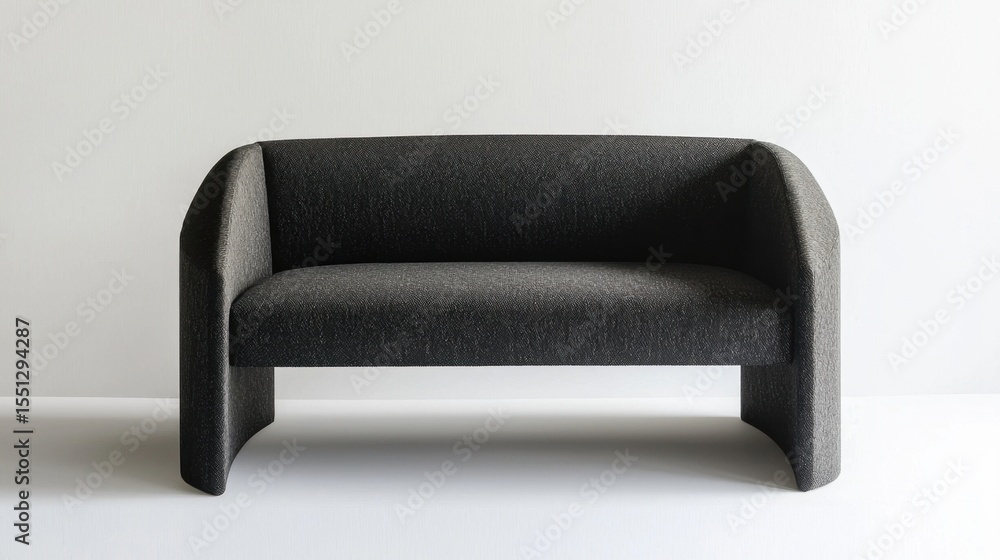 Poster modern fabric sofa with unique curves displayed in minimalistic interior design setting