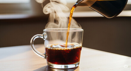 Coffee being poured into a glass mug with steam