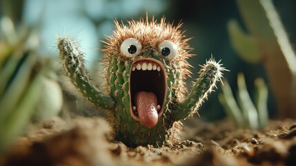Obraz premium An amusingly expressive cactus with googly eyes and a surprised mouth, highlighting the quirky and fun aspects of nature while showcasing a humorous side of plant life.