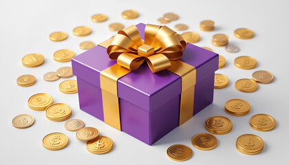 Purple Gift Box with Gold Bow and Scattered Coins – Vector Illustration of Wealth and Celebration